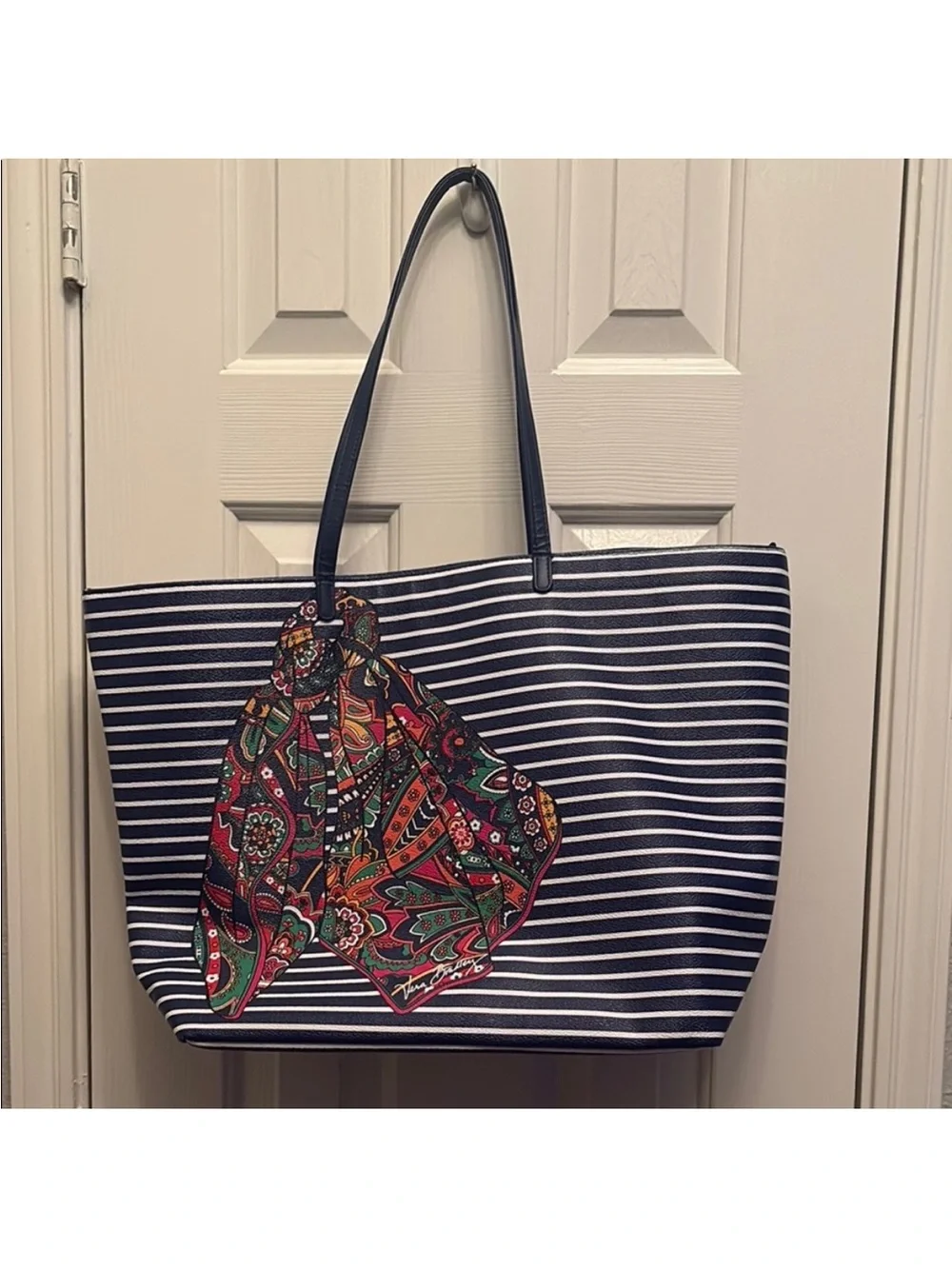 Striped NavyVera Bradley Tote Bag with Colorful Scarf Accent